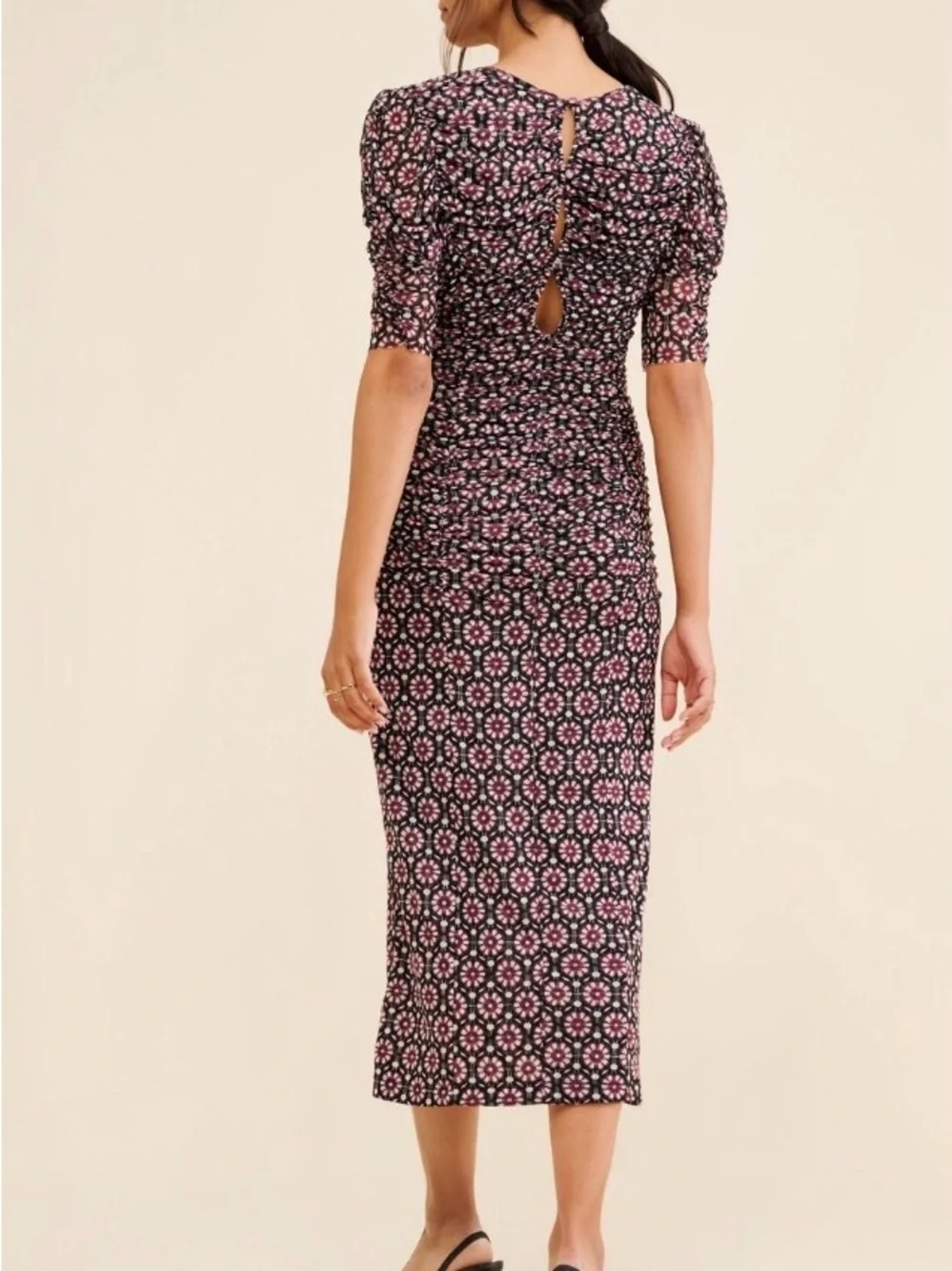 Free People Briella Printed Ruched Midi Dress in a black combo BNWT sz SM